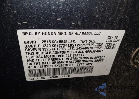 2018 Honda Pilot Ex-L из США, поврежденный, VIN 5FNYF5H5XJB018331